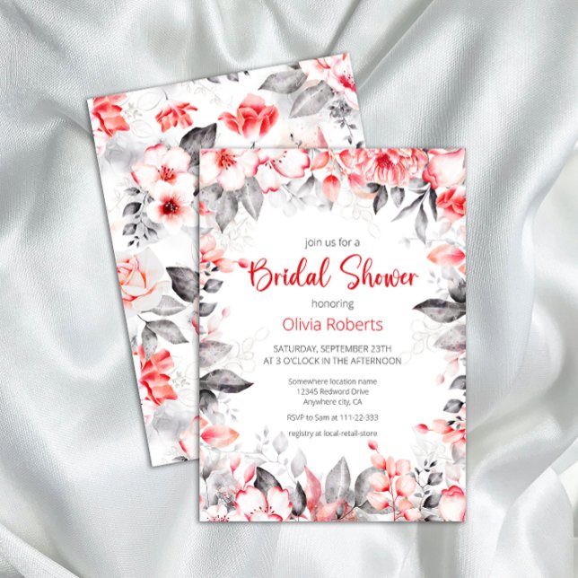 Red and Grey Watercolor Flowers Bridal Shower Invitation (Creator Uploaded)