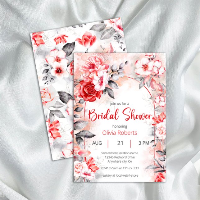 Red and Grey Watercolor Flowers Bridal Shower Invitation (Creator Uploaded)