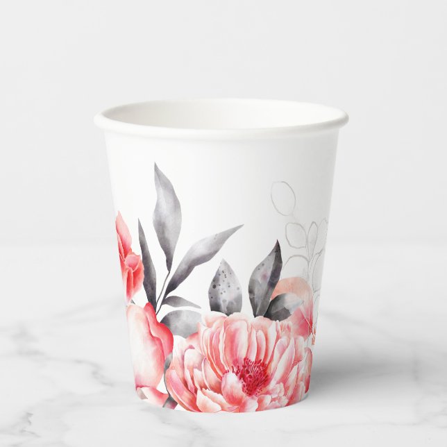 Red and Grey Watercolor Flowers Bridal Shower Paper Cups (Front)