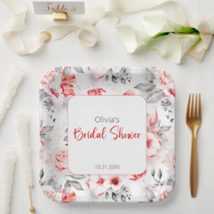 Red and Grey Watercolor Flowers Bridal Shower Paper Plate