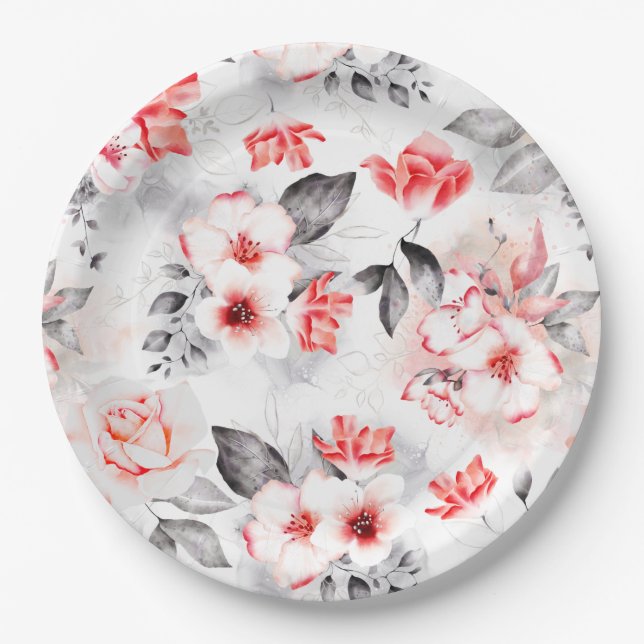 Red and Grey Watercolor Flowers Bridal Shower Paper Plate (Front)