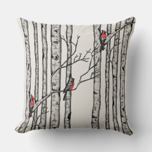 Red and Ivory Birch Trees and Red Cardinal Birds Cushion