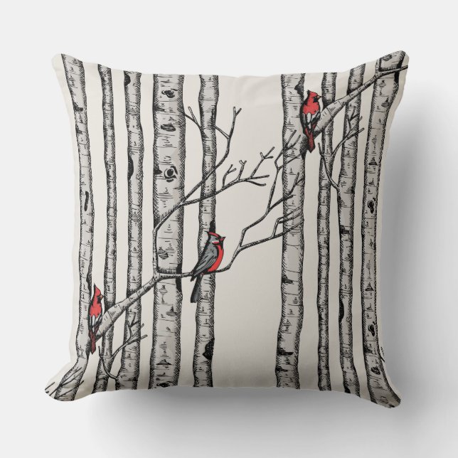 Red and Ivory Birch Trees and Red Cardinal Birds Cushion (Front)