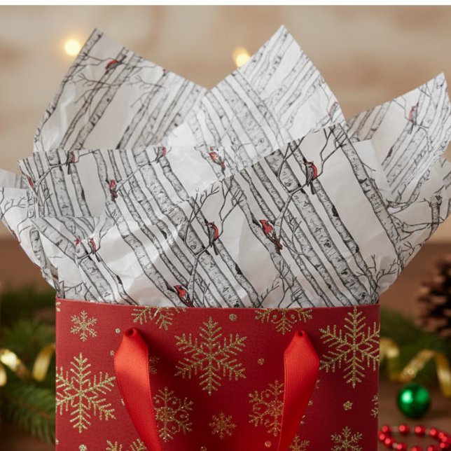 Red and Ivory Birch Trees and Red Cardinal Birds Tissue Paper (Festive Winter Woodland Tissue Paper. Rustic Birch Tree and Red Cardinal Bird Pattern for Christmas)