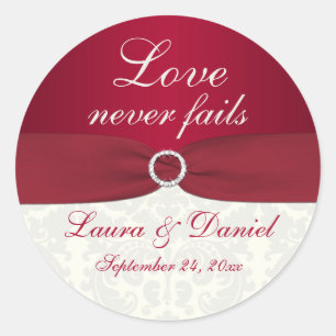 Red and Ivory Damask 1.5" Round Wedding Sticker