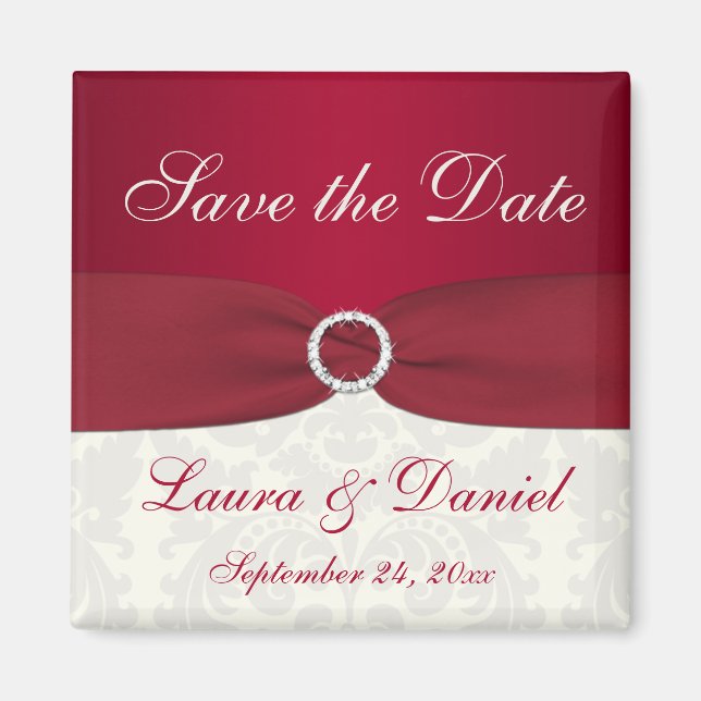 Red and Ivory Damask Save the Date Magnet (Front)