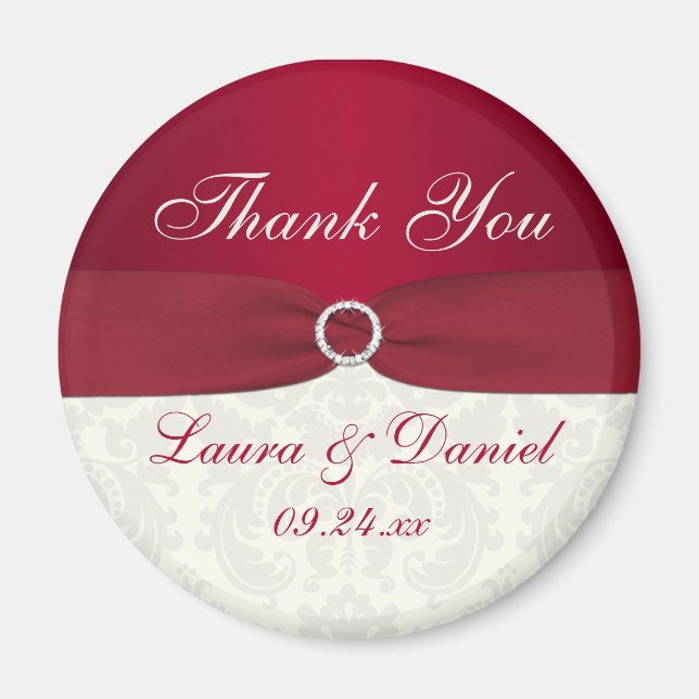 Red and Ivory Damask Wedding Favour Magnet (Front)