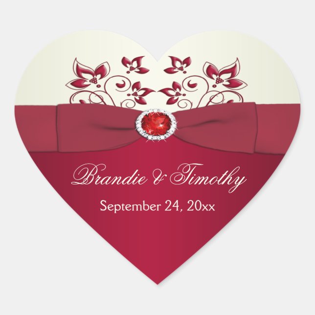 Red and Ivory Floral Heart Shaped Sticker (Front)