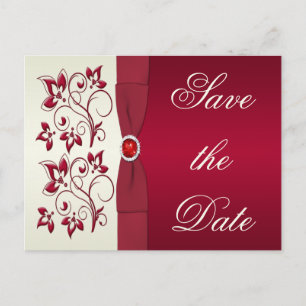 Red and Ivory Floral Save the Date Announcement Postcard