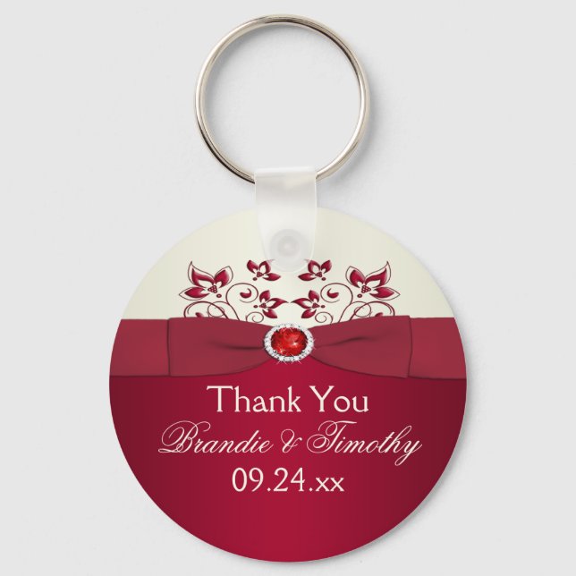 Red and Ivory Floral Wedding Favour Key Chain (Front)