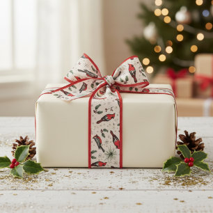 Red and Ivory Red Cardinal Birds and Holly Pattern Grosgrain Ribbon