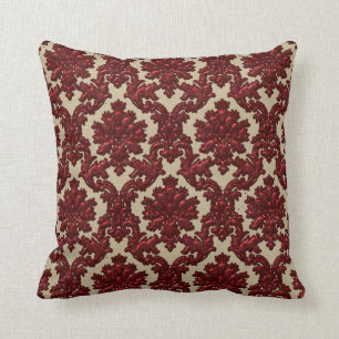 Red and Light Gold Damask Throw Pillow