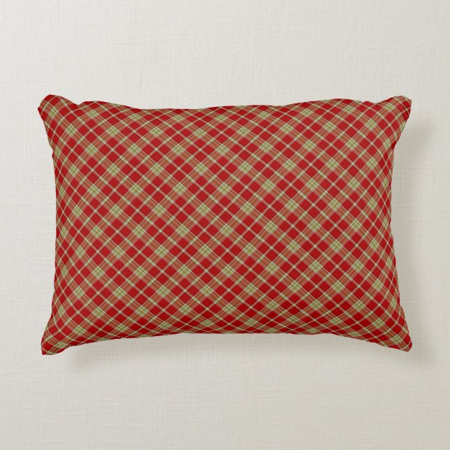 Red and Light Green Rustic Plaid Accent Pillow (Front)