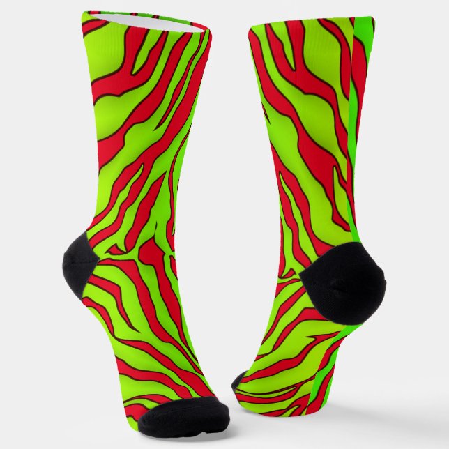 Red And Lime Tiger Stripes Animal Print 1 Socks (Angled)