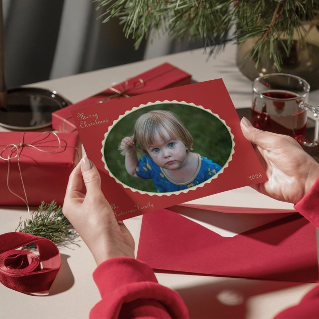 Red and Mint Green Photo Scalloped Christmas Photo Holiday Card (Creator Uploaded)