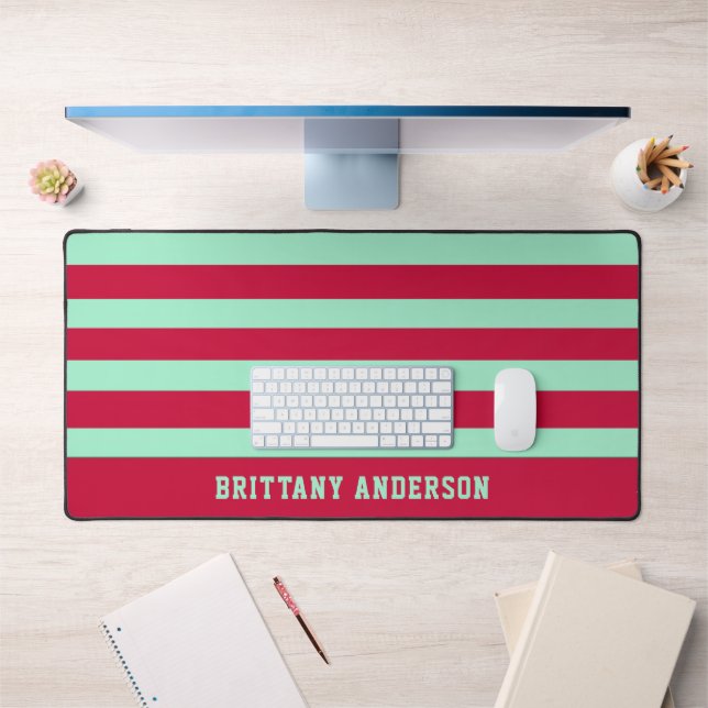 Red and Mint Green  Stripes Pattern Personalised  Desk Mat (Office 1)