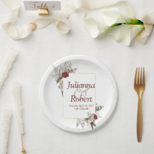 Red and mist watercolor floral   wedding  paper pl plate