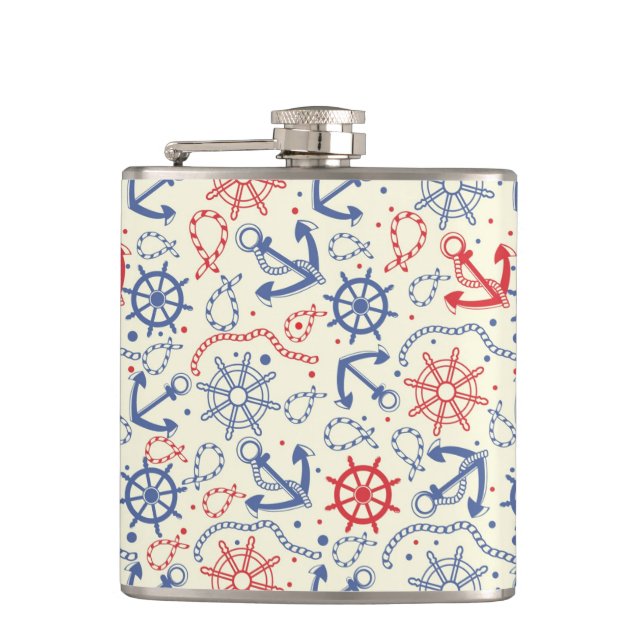 Red and navy background with anchor hip flask (Front)