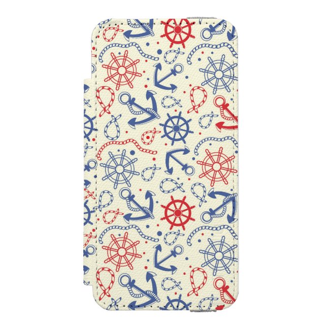 Red and navy background with anchor incipio iPhone wallet case (Folio Front)