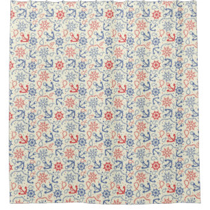 Red and navy background with anchor shower curtain