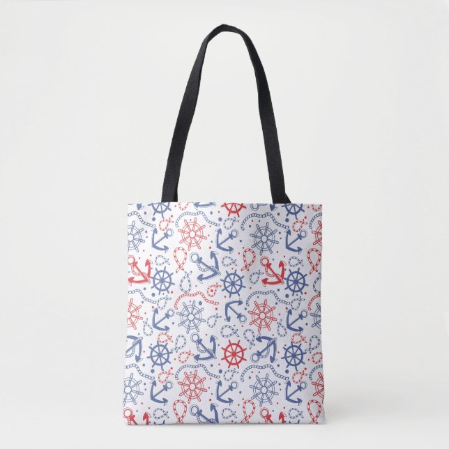 Red and navy background with anchor tote bag (Front)