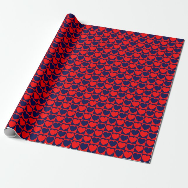 Red and Navy Blue Chequered Pattern With Hearts Wrapping Paper (Unrolled)