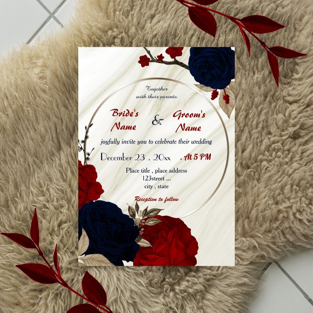 red and navy blue floral geometric wedding invitation (Creator Uploaded)