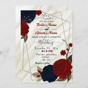 red and navy blue floral geometric wedding invitation