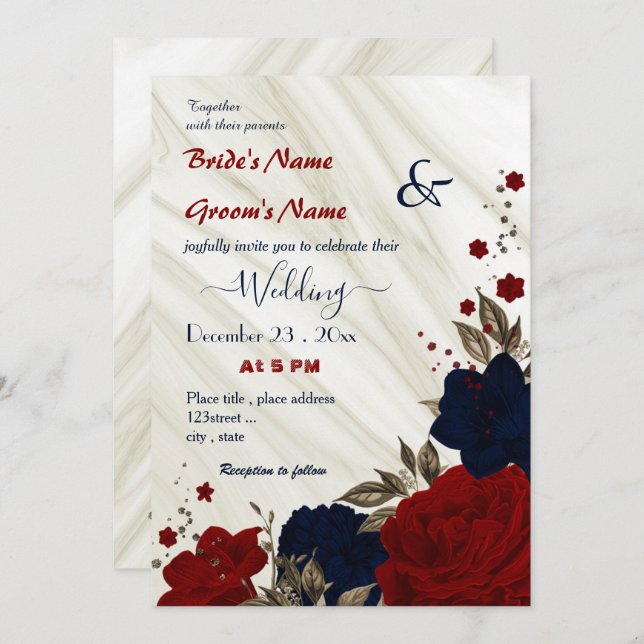 red and navy blue floral wedding invitation (Front/Back)
