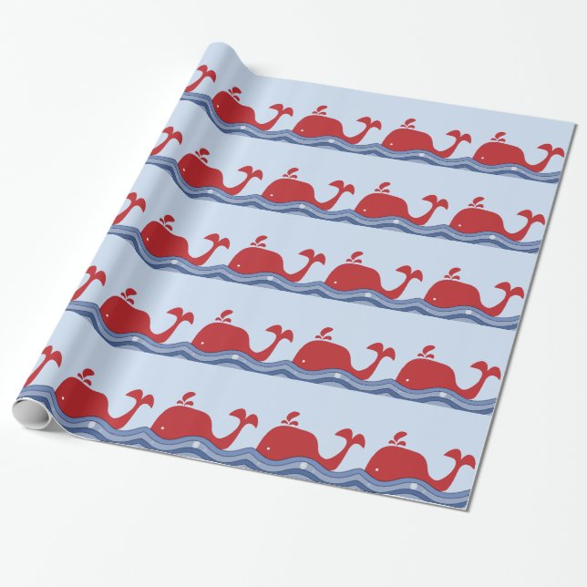 Red and Navy Blue Whale Wrapping Paper (Unrolled)
