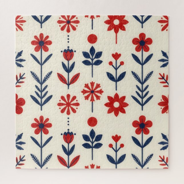 Red and Navy Folk Floral Pattern Jigsaw Puzzle (Vertical)