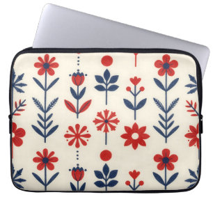 Red and Navy Folk Floral Pattern Laptop Sleeve