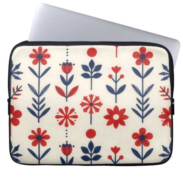 Red and Navy Folk Floral Pattern Laptop Sleeve (Front)