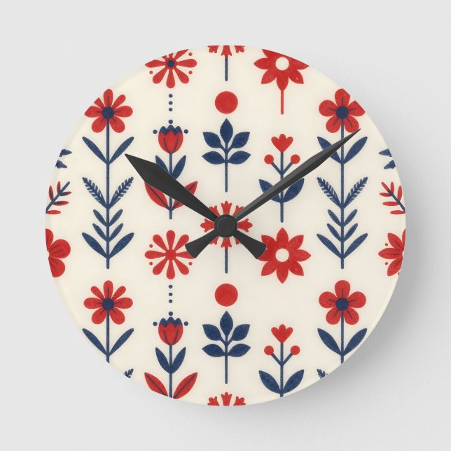 Red and Navy Folk Floral Pattern Round Clock (Front)