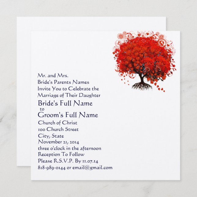 Red and Navy Heart Leaf Tree Wedding Invitations (Front/Back)