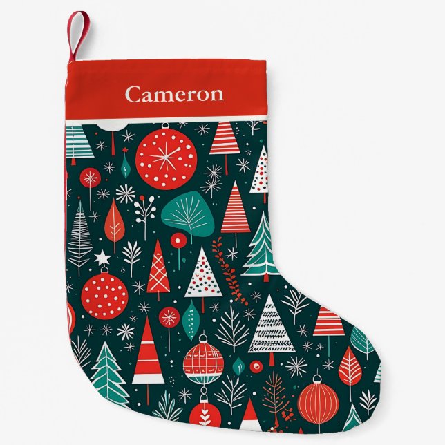 Red And Navy Mid Century Modern Christmas Pattern Small Christmas Stocking (Front)