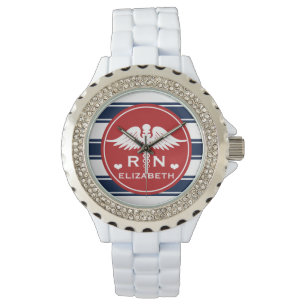 Red and Navy Stripe Caduceus RN Nurse Watch
