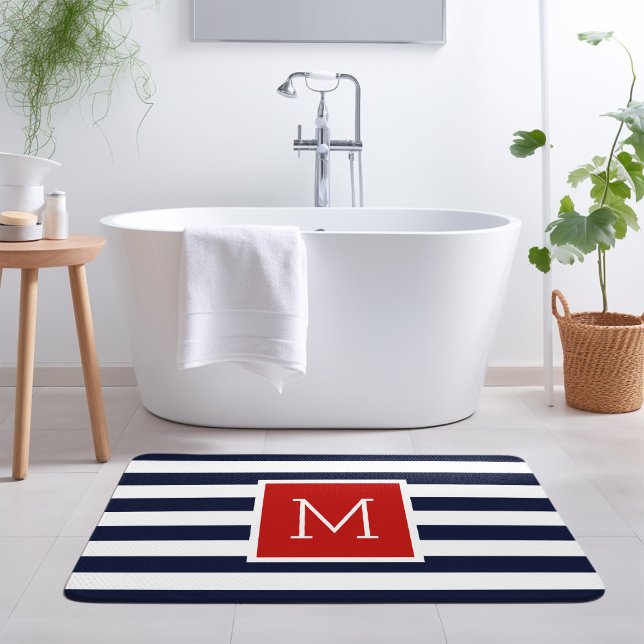 Red and Navy Stripes Monogram Bath Mat (Creator Uploaded)