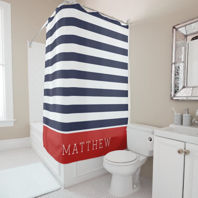 Red and Navy Stripes Monogram Shower Curtain (In Situ)