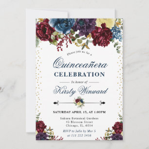 Red and Navy Winter Flowers Quinceanera Invitation
