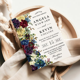 Red and Navy Winter Flowers Wedding Invitation