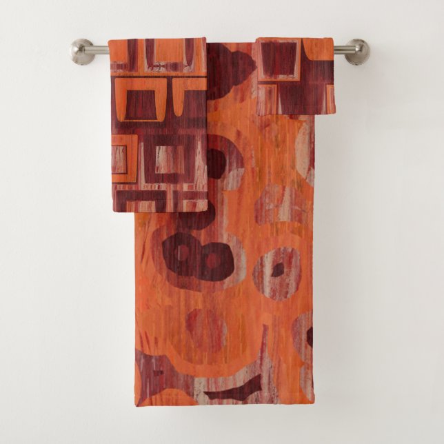 red and orange abstract bath towel set (Insitu)