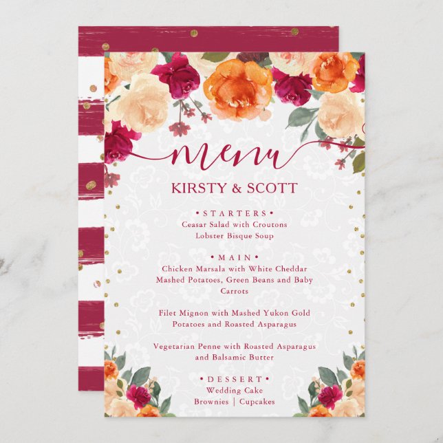 Red and Orange Fall Autumnal Flowers Wedding Menu (Front/Back)