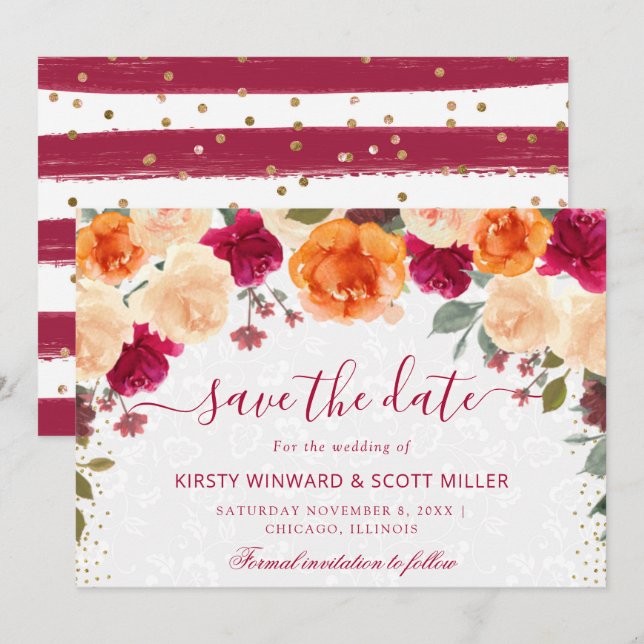 Red and Orange Fall Autumnal Flowers Wedding Save The Date (Front/Back)