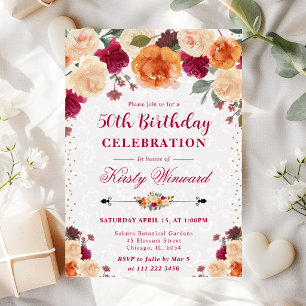Red and Orange Fall Flowers Birthday Invitation