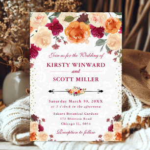 Red and Orange Fall Flowers Wedding Invitation
