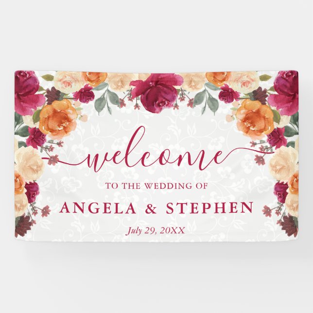 Red and Orange Fall Flowers Wedding Welcome Banner (Horizontal)