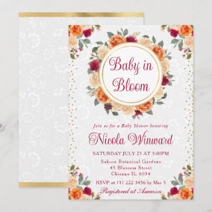 Red and Orange Fall Flowers Wreath Baby Shower Invitation