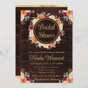 Red and Orange Fall Flowers Wreath Bridal Shower Invitation