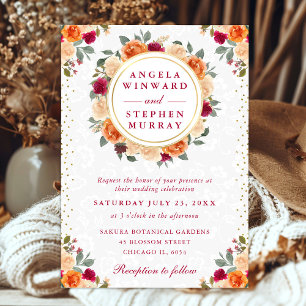 Red and Orange Fall Flowers Wreath Wedding Invitation